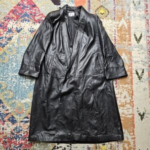 VTG Melanzona Leather Swing Coat Small Oversized Unisex Black Lined Open Front